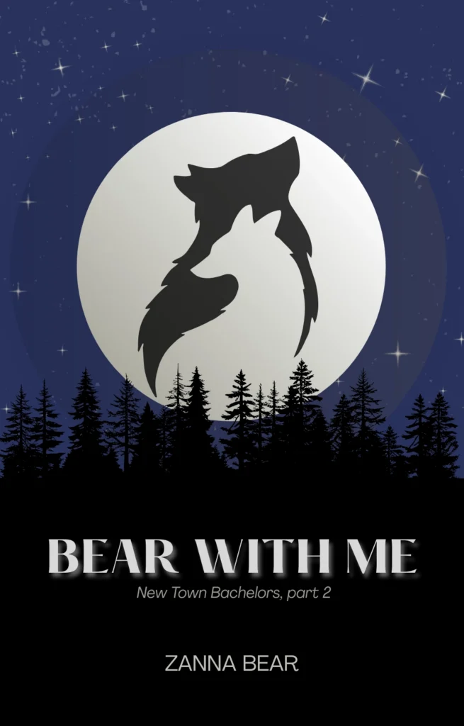 ebook cover of Bear With Me. silhouet of two wolves against the moon.