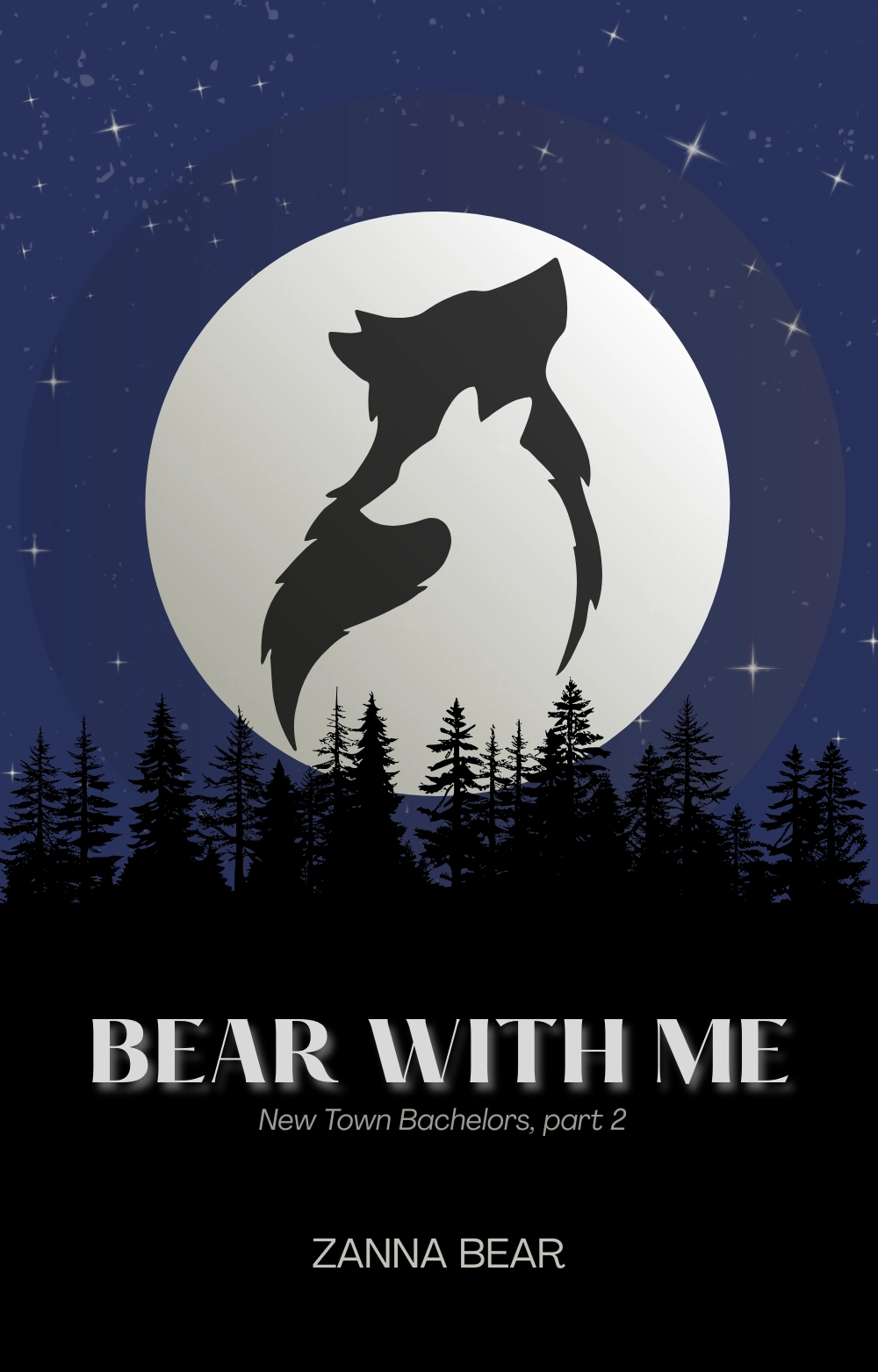 ebook cover of Bear With Me. silhouet of two wolves against the moon.